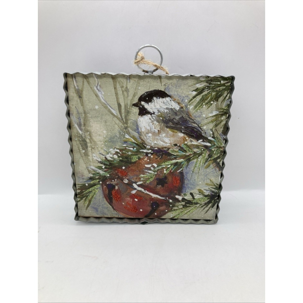 Mini Red Jingle Bell Chickadee Pine Tree Hanging Square Print Rustic Christmas